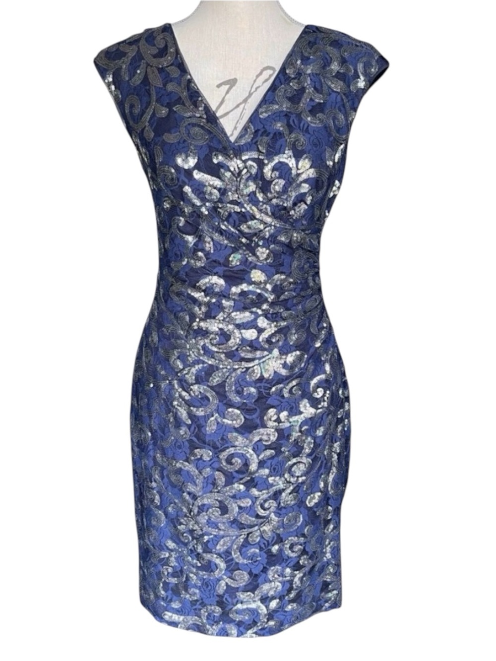 Lauren Ralph Lauren Navy Silver Sequin Cross Front V Side Ruche Midi Dress (4)